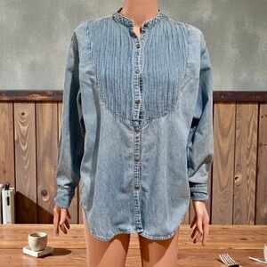 Vintage Country Seat Nuovo Denim Shirt Women’s Small Pintuck Mandarin Collar 90s